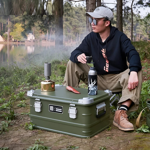 Field green aluminium alloy camping storage box with dimensions 58x38x28cm for outdoor equipment organisation
