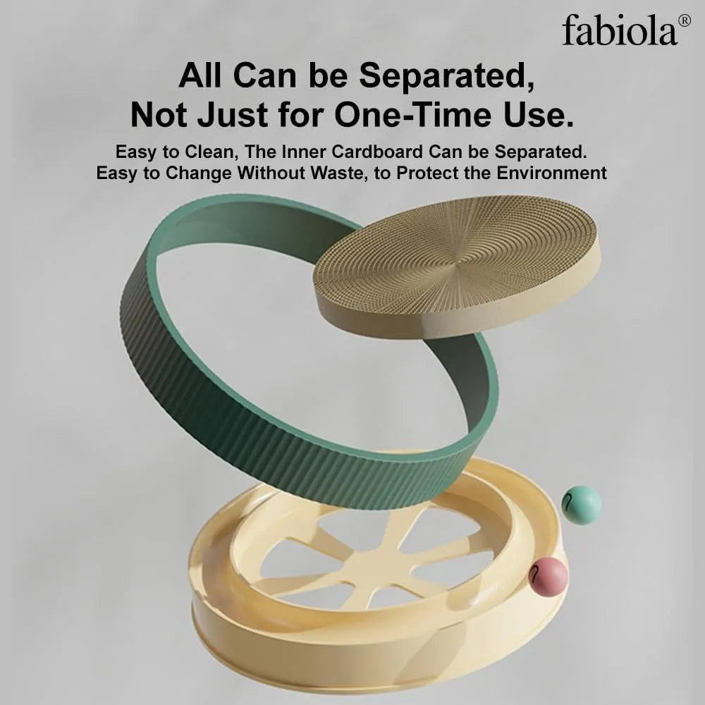 Large circular cat scratching board with bell balls and replaceable cardboard core