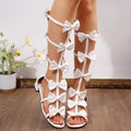 Fashionable square-heeled red over-the-knee sandals with bow and strap, back zipper closure, PU upper, square toe