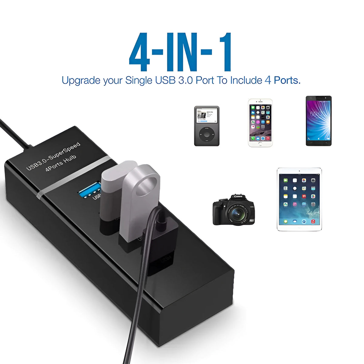 Black 4 port USB 3.0 hub splitter with 29cm cable and four LED indicators