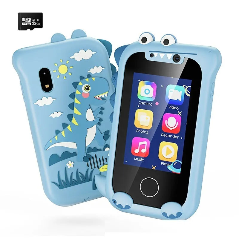 Blue and green bear-shaped handheld touch mobile phone camera toy for children on a white background
