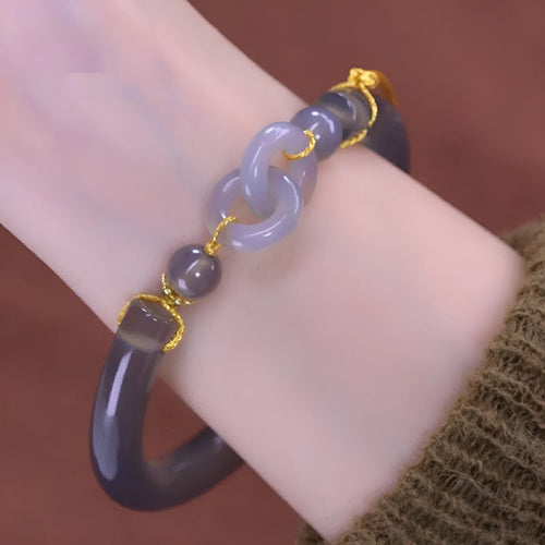 Women's agate half bracelet with ring buckle in smoke purple and grey colours