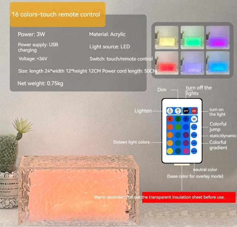 Geometric clear acrylic small night lamp with coloured LED light on a table.