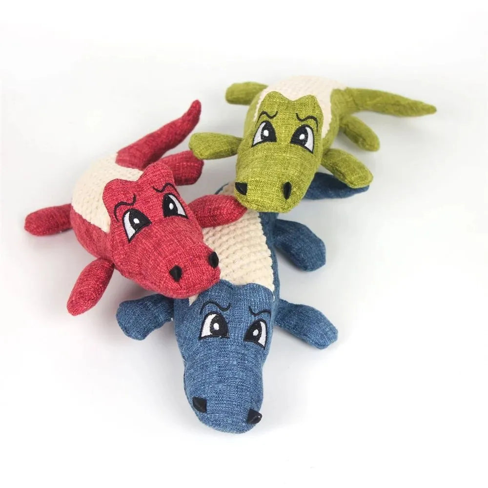 Plush squeaky dog chew toy, 29cm long, linen and PP cotton, blue red green