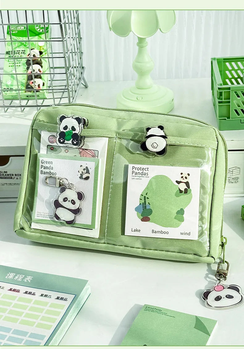 Green canvas pencil case with 12-layer compartmentalised design showing panda-themed Korean style elements