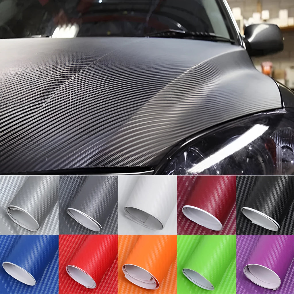 Roll of carbon fibre pattern vinyl sticker measuring 30cm wide, showing colour options for car decoration.