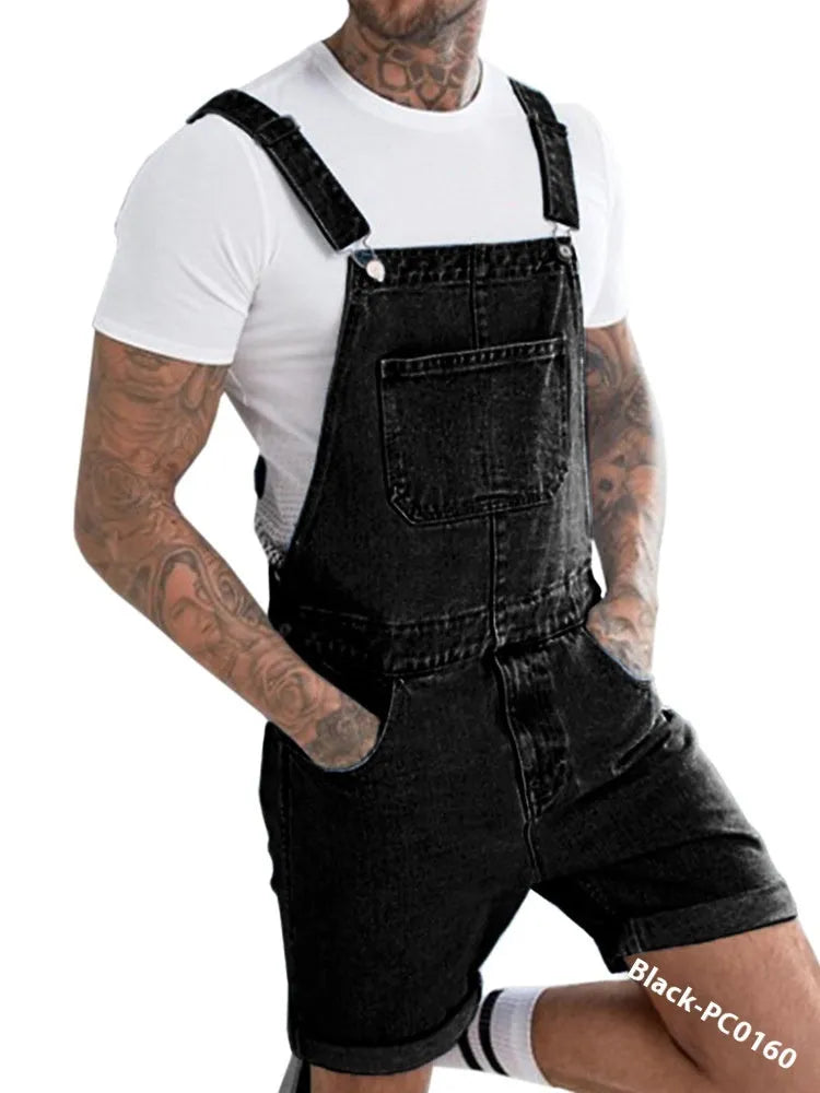 Men's grey denim suspender pants with a zip fly and straight-leg cut on a hanger.