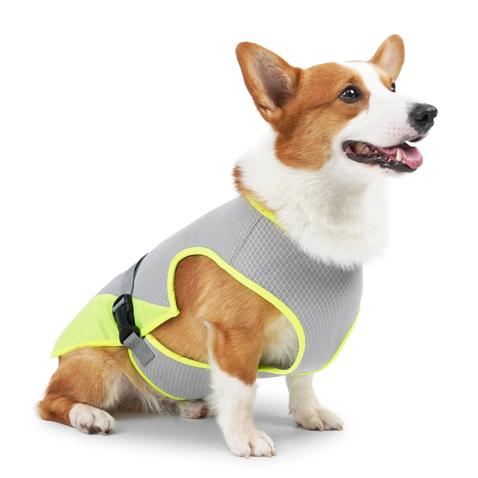 Light grey polyester mesh dog cooling vest showing breathable fabric texture on a mannequin