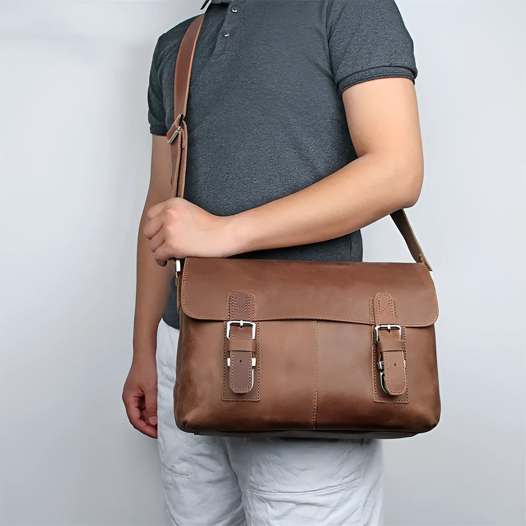 Vintage leather crossbody bag for men in brown first layer cowhide with wear-resistant finish