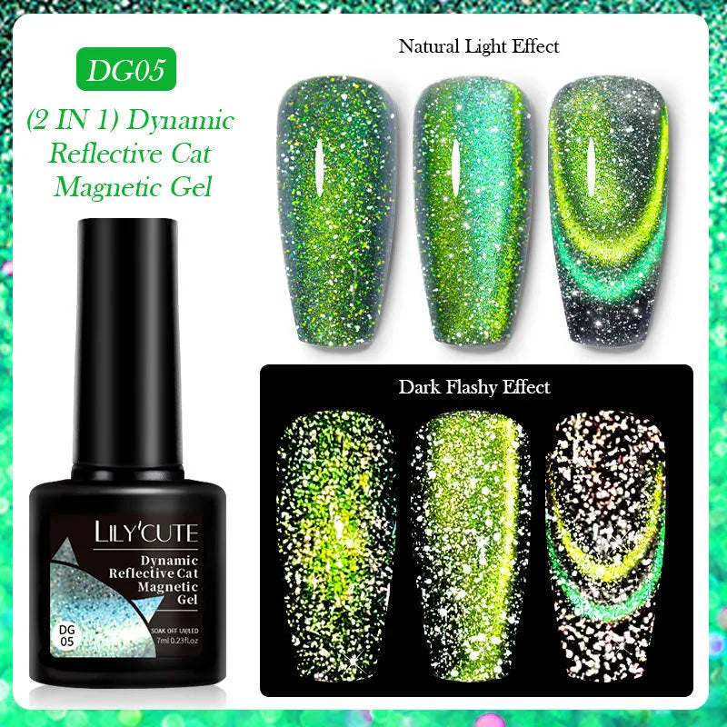 Cat eye series UV nail polish gel bottle with diamond glitter in one of six colour styles, next to nail glue.