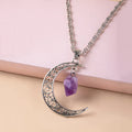 Vintage purple natural stone moon pendant necklace on Figaro chain, silver tone, women's jewellery