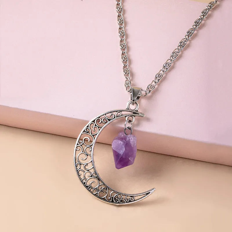 Vintage purple natural stone moon pendant necklace on Figaro chain, silver tone, women's jewellery