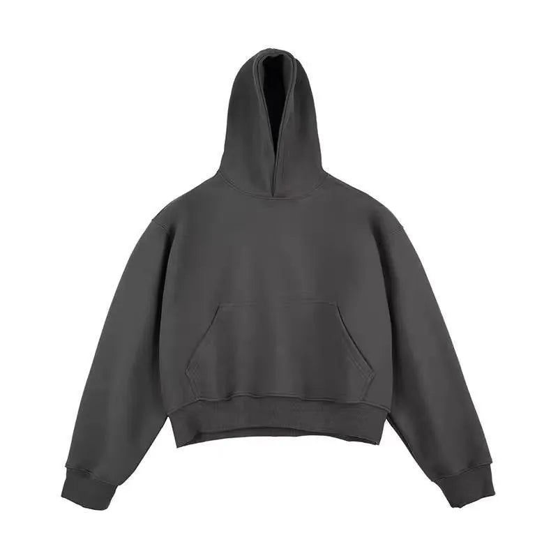 Short Chinese cotton velvet hooded sweater in dark grey with removable hood and long sleeves for street fashion