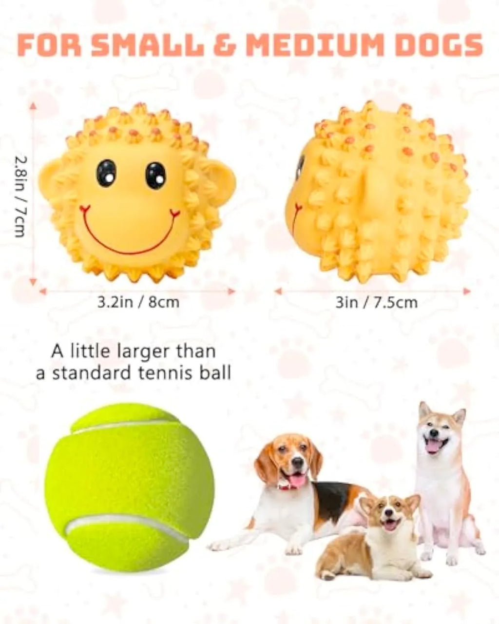 Orange and yellow spiky latex squeaky dog toy for small medium breeds.