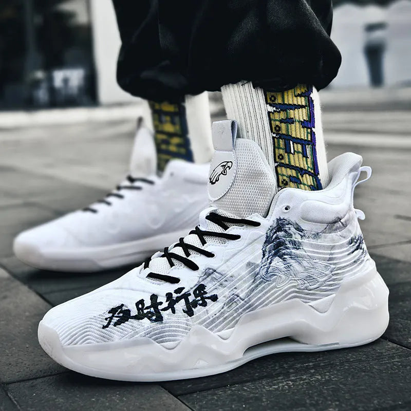 Luminous high-top basketball shoes in pink and blue with graffiti pattern for children