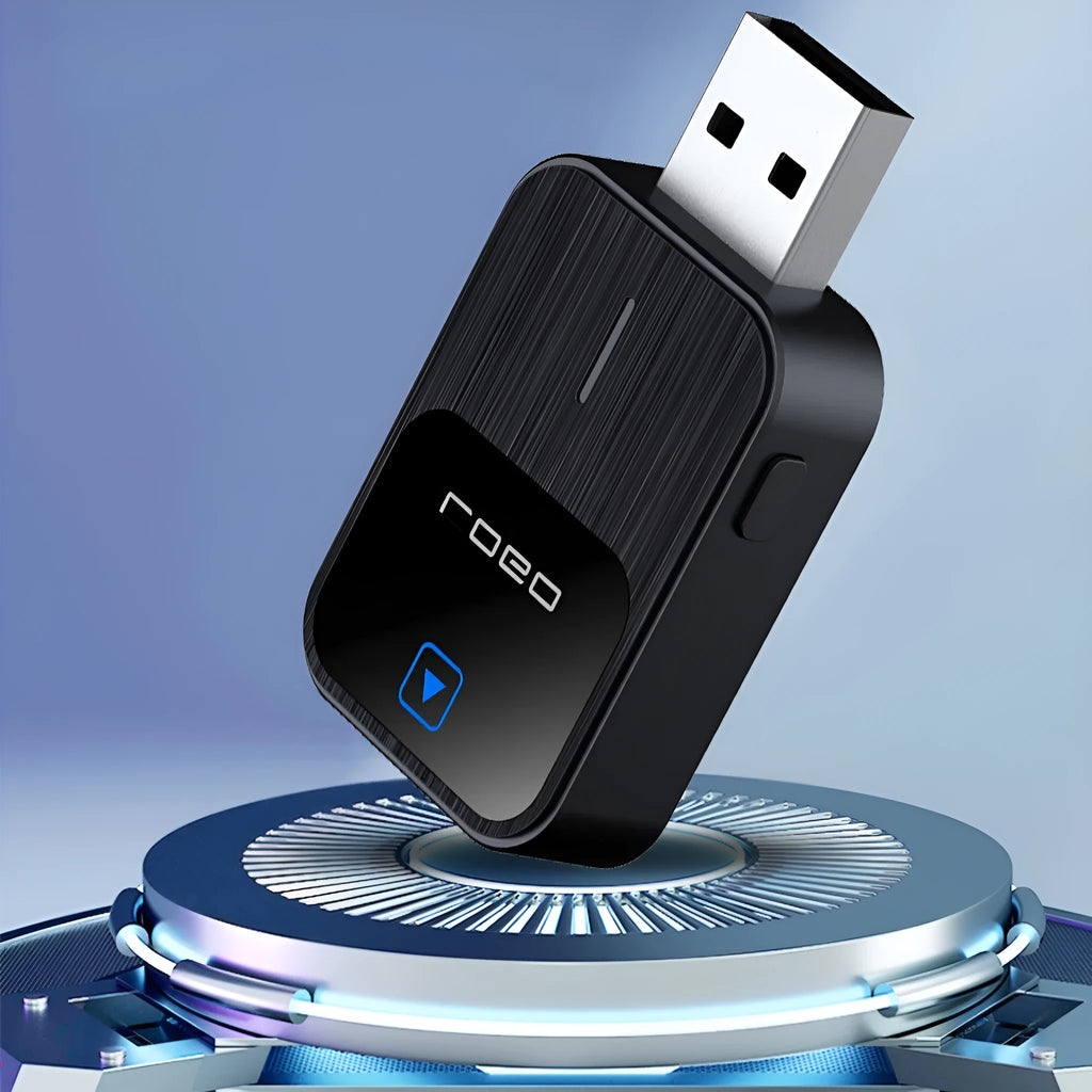 Black CarPlay Android Auto two-in-one adapter with metal ABS casing, 2.5x4.9x1.0cm, next to USB cable