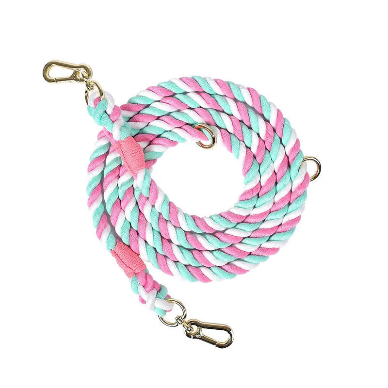 Woven rainbow double-ended dog lead with hand-held rope section in multiple colour options