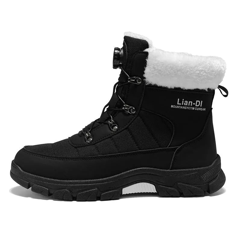 Men's fleece-lined thickened snow boots in black, round toe, artificial PU upper, side view