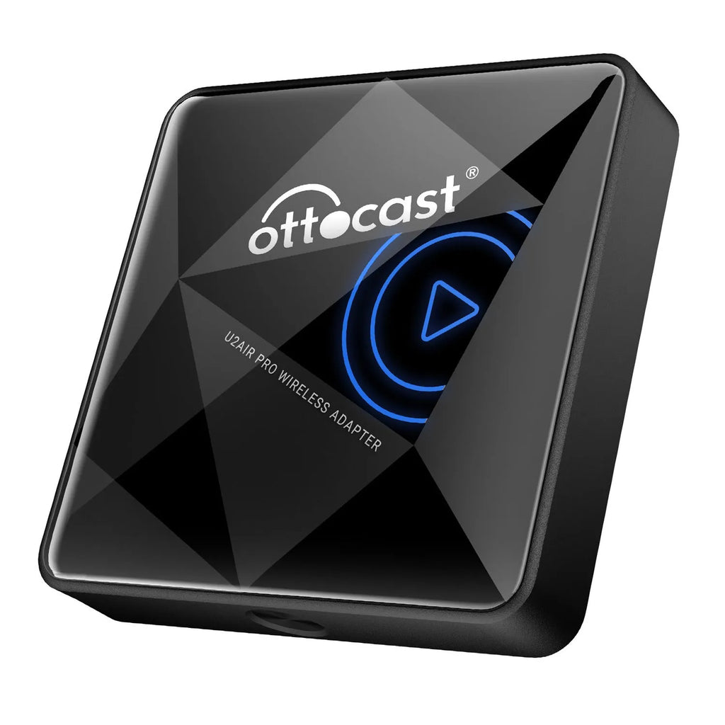 Black wireless car Bluetooth AIBOX with Type-C port on a compact rectangular body