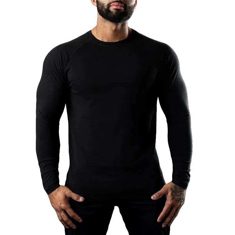 Men's tight long sleeve cotton sports t-shirt in Army Green colour
