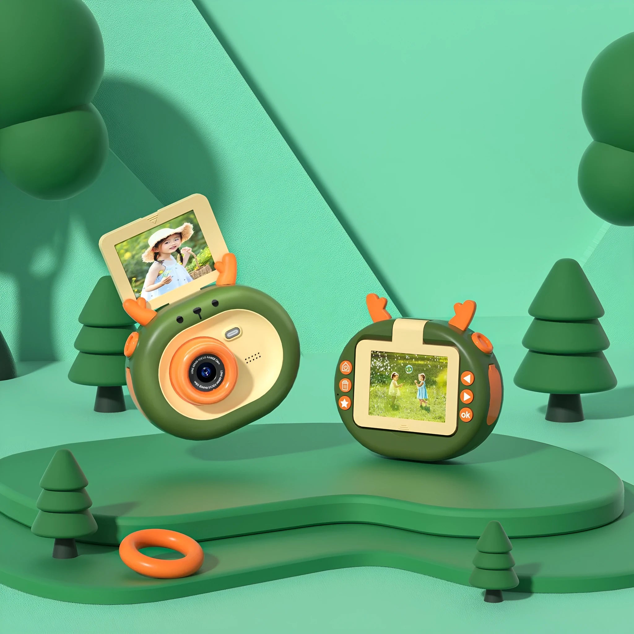 Purple and dark green children's digital camera with flip screen and silicone case.