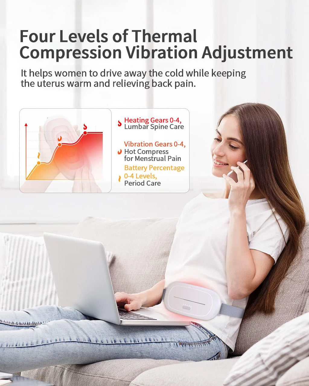White single-use uterine warming adhesive device with battery for lower abdomen heat therapy.