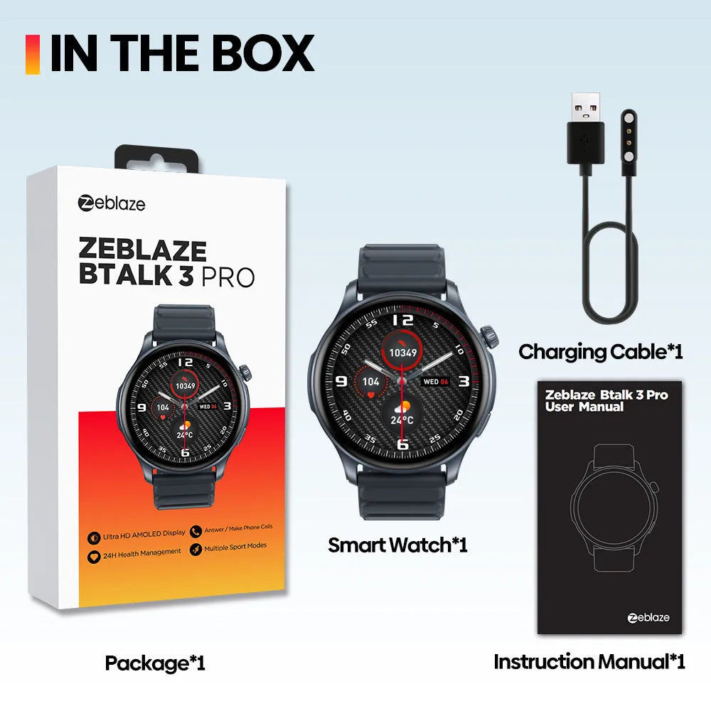 Btalk 3 Pro smart watch in blue, grey, or pink colours showing AMOLED screen and compact case