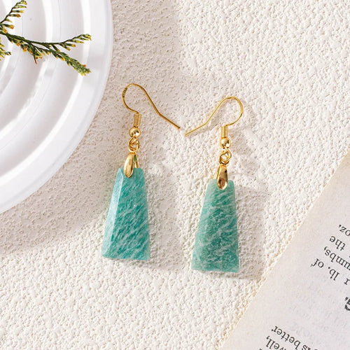 Amazonite trapezoid geometric earrings with rough stone cut in gold and silver metal options