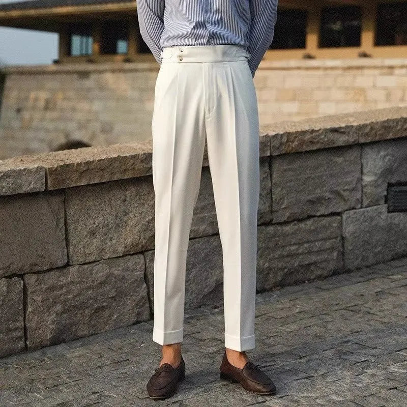Men's slim fit suit pants in polyester blend fabric available in apricot, black and white colours