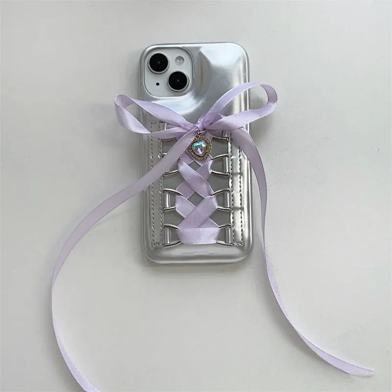 Electroplated silver PC phone case with shoelace bow for iPhone 15, blue colour
