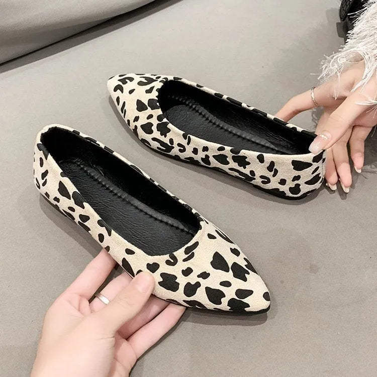 Women's flat pump shoes with a pointed toe in leopard print, beige, and black colour options on a white background.