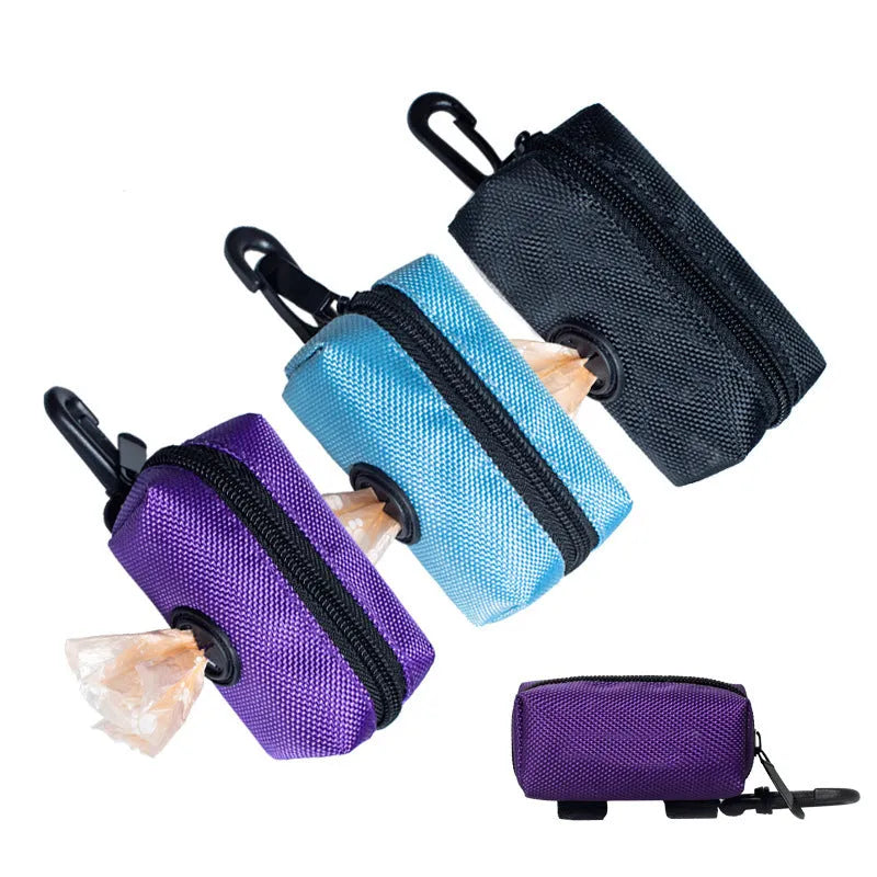 Compact polyester pet poop storage pouch with zipper, 9.5x5x5cm, hand-held rope, blue and black colours