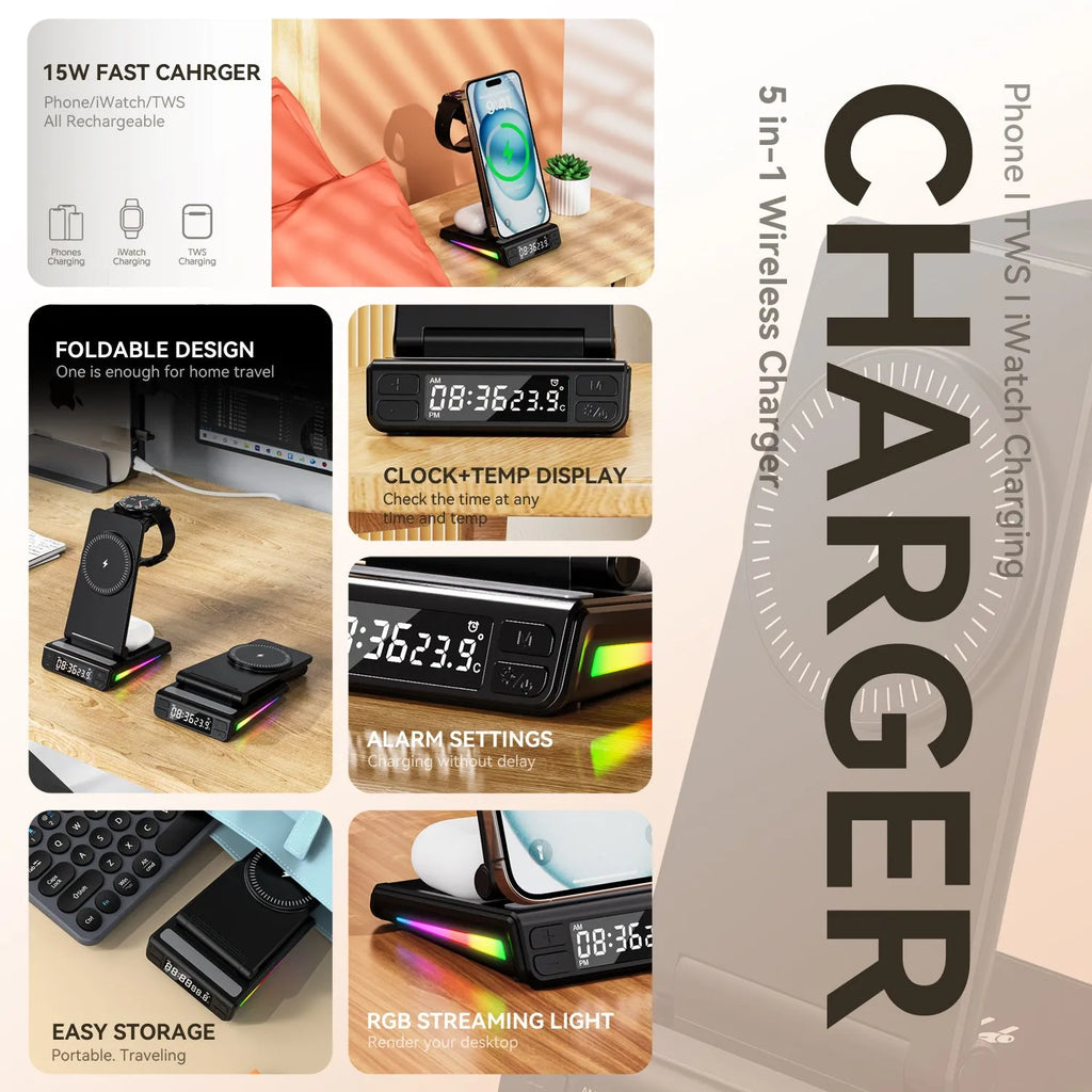 Desktop vertical five-in-one folding wireless charger in white with digital display