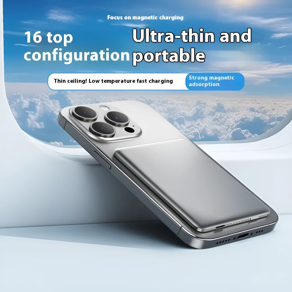 Gun grey magnetic wireless power bank with alloy construction showing ultra-thin 9mm profile