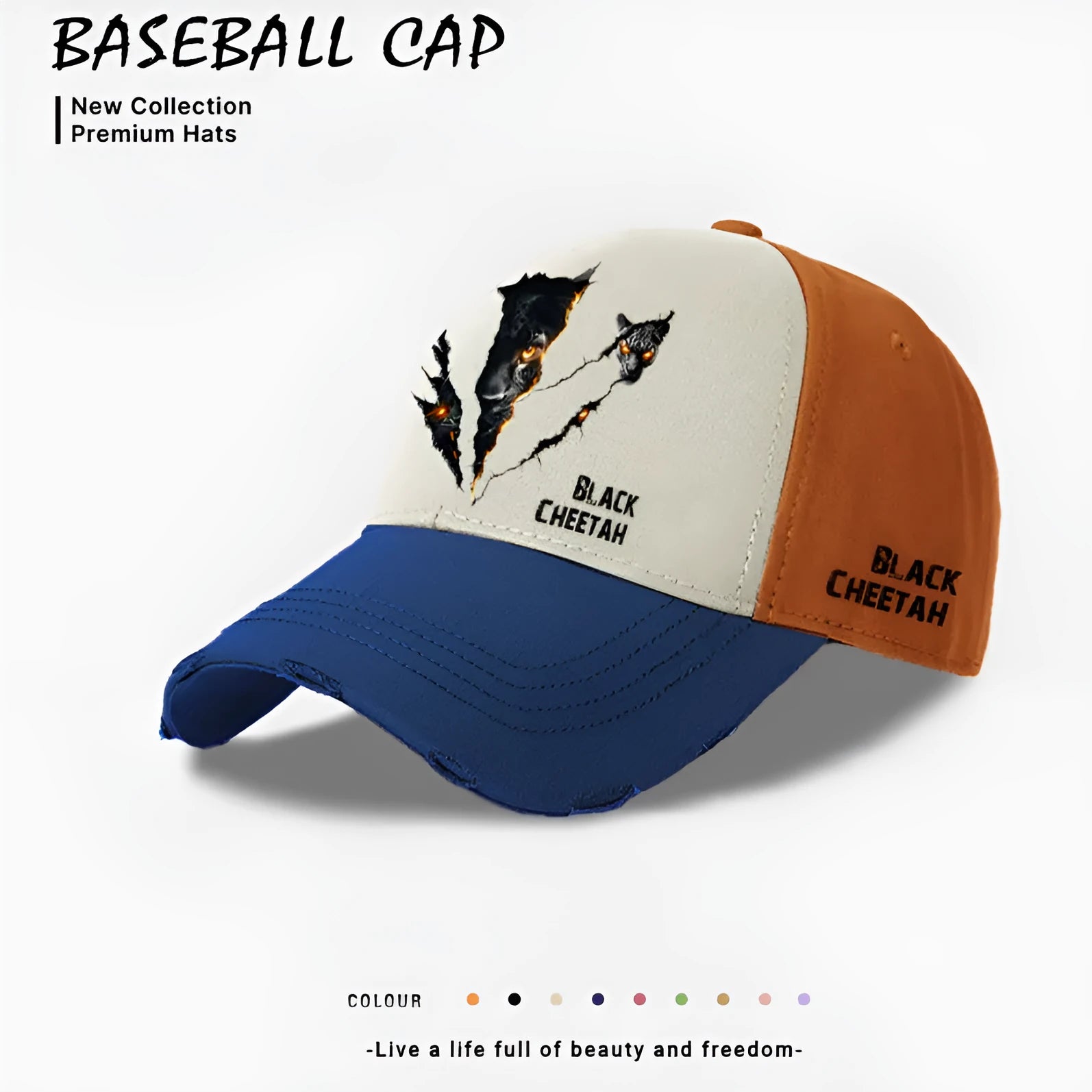 Men's casual baseball cap in beige, black, and blue colour options with polyester fabric