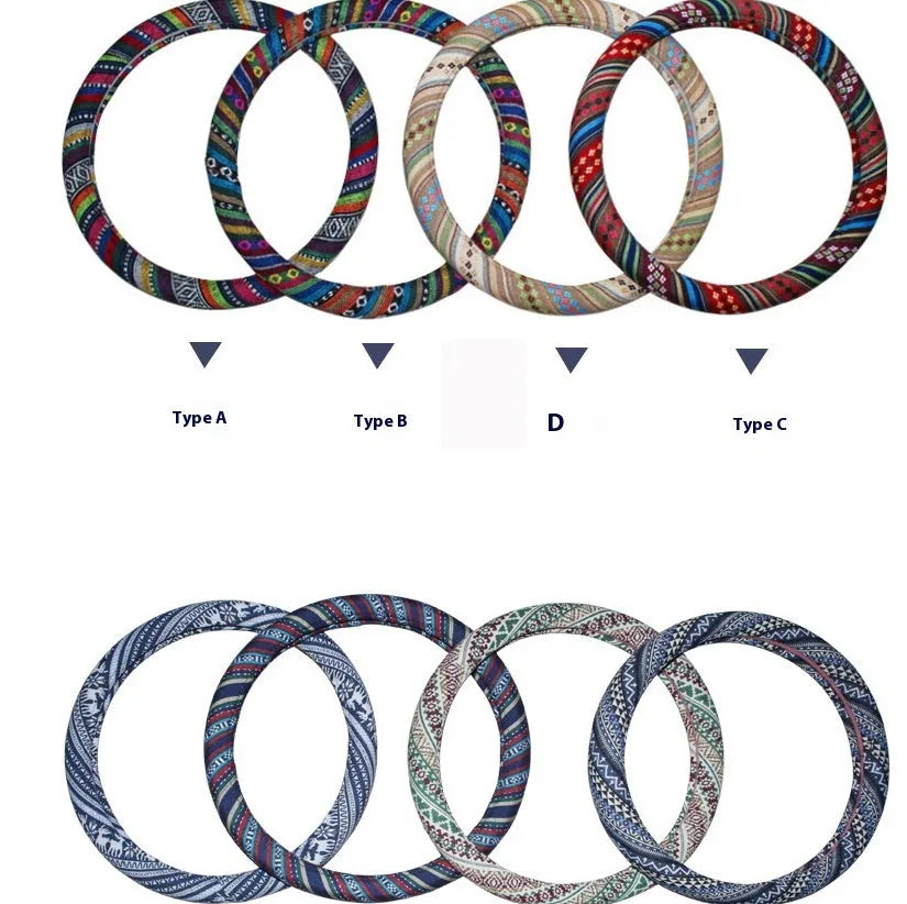 Ethnic style old coarse cloth car steering wheel cover with textured weave, 38cm fit