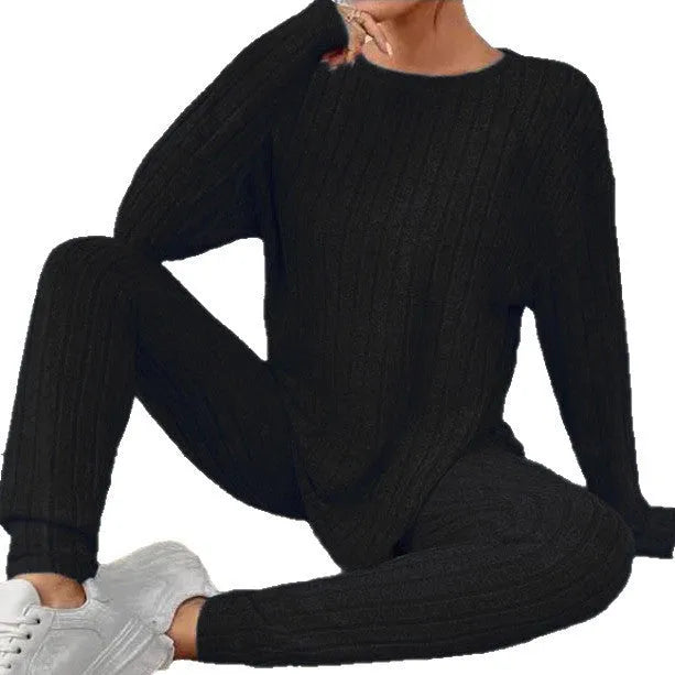 Plus size sunken stripe two-piece homewear set with long sleeve top and trousers in blue