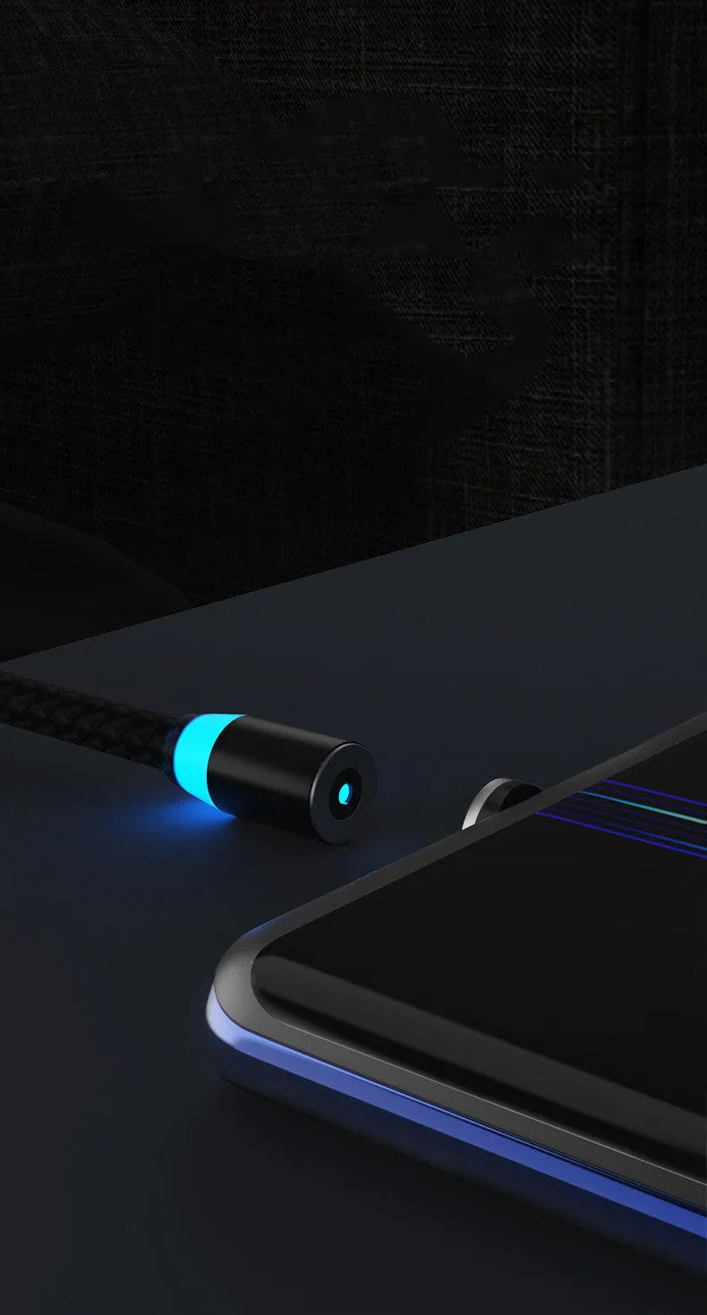 Breathing light magnetic charging cable with LED indicator in multiple colour options, showing magnetic heads for Apple and Android devices.