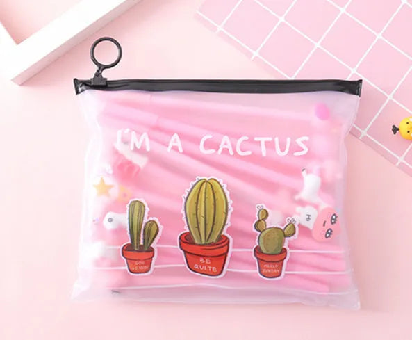 Marvel cactus cartoon design plastic pen case open to show twenty black gel pens with 0.5mm tips.