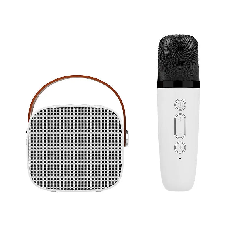Compact white, pink, or blue wireless Bluetooth portable speaker with built-in microphone