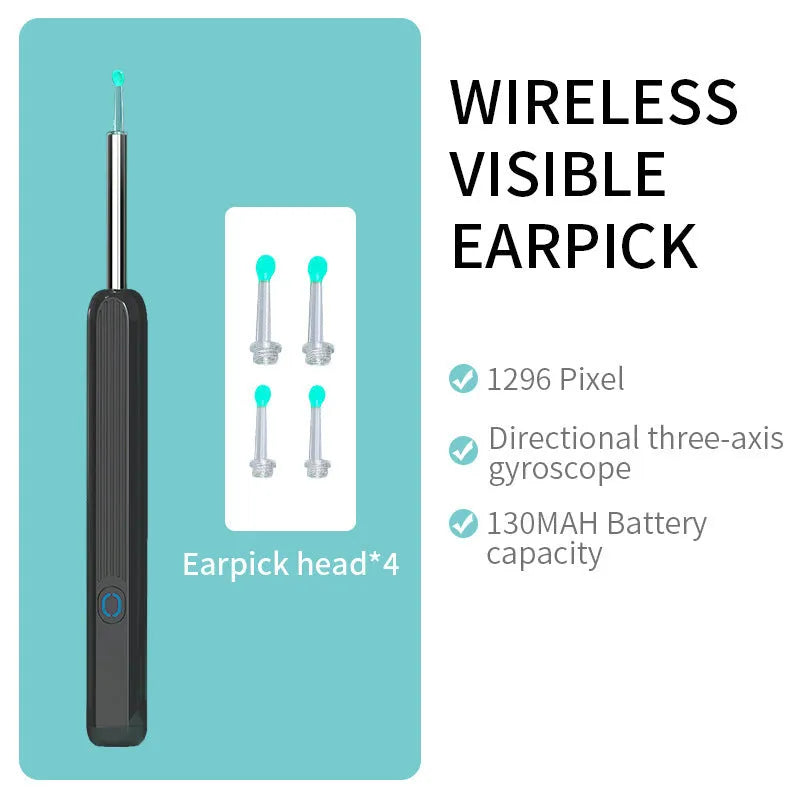 NE3 wireless ear cleaner otoscope with camera, spoon heads, and charging cable on white background