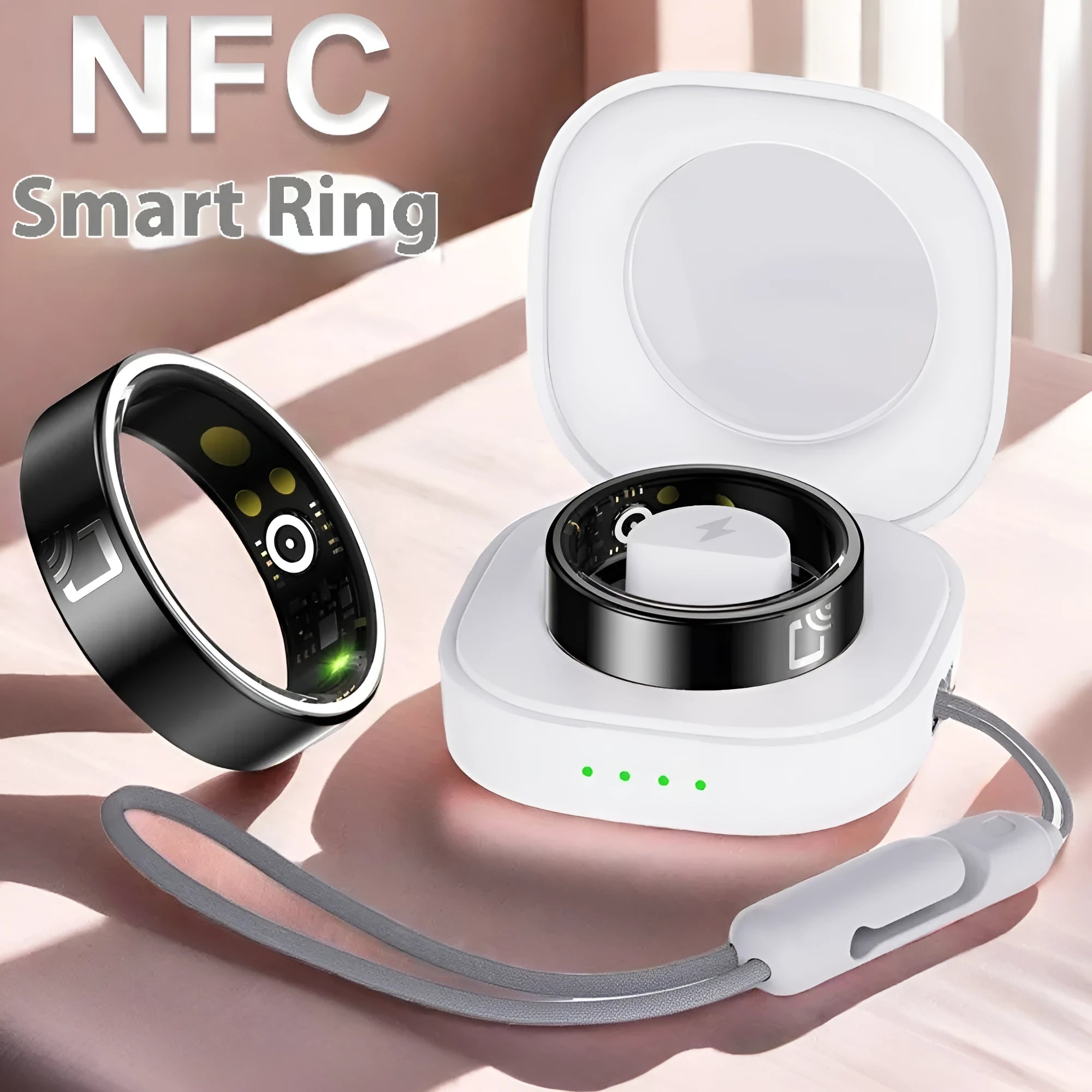 Black ceramic smart ring for heart rate, blood oxygen and sleep monitoring on a finger