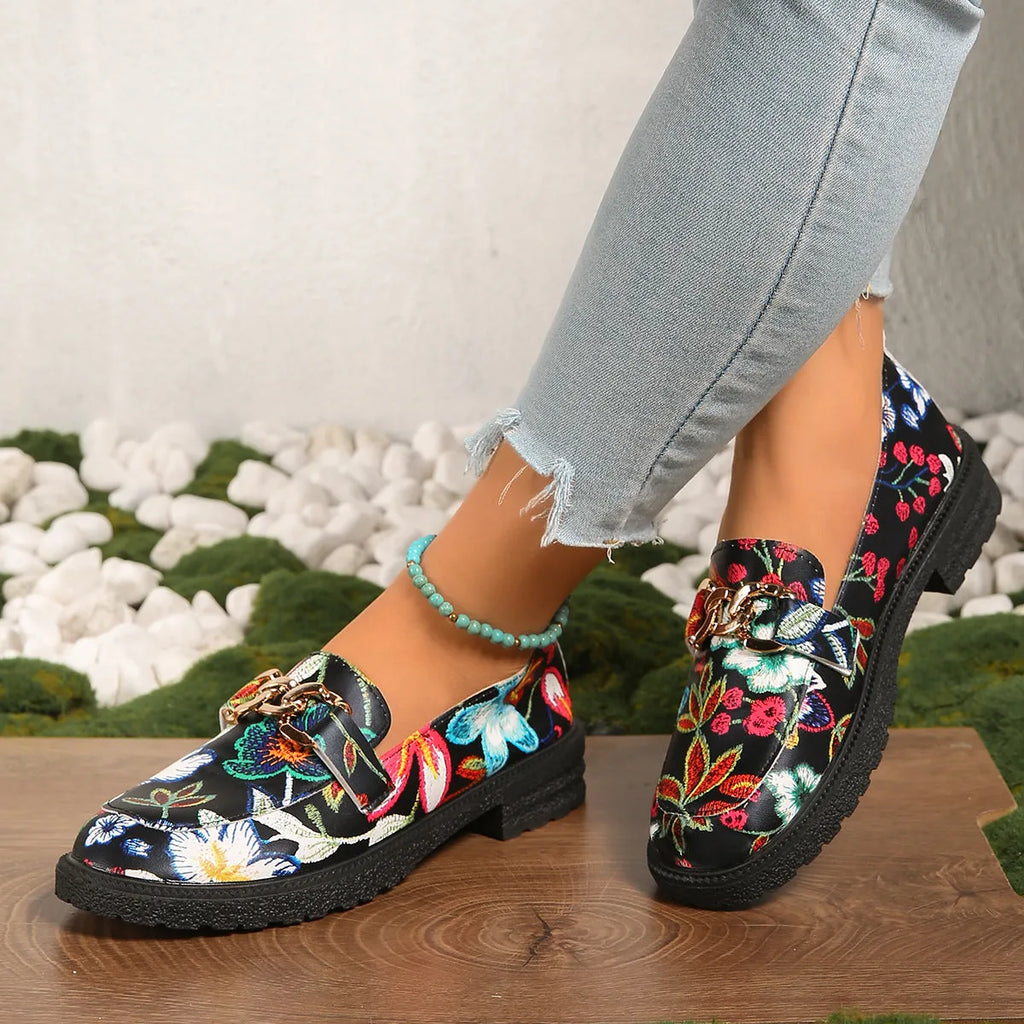 Plus size floral PU loafers with chunky mid heel, shallow mouth under 7cm, in Colour 01-3 or 01-5
