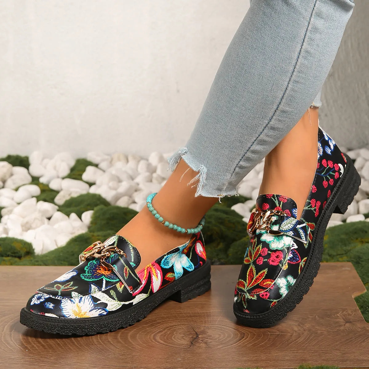 Plus size floral PU loafers with chunky mid heel, shallow mouth under 7cm, in Colour 01-3 or 01-5