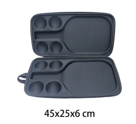 Black EVA pickleball storage case with two shoulder straps, shown with racket and balls inside.