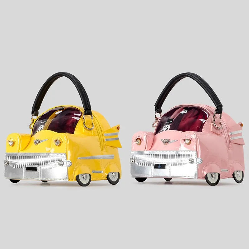Creative cute car-shaped handbag in pink with contrast stitching and cross-body strap