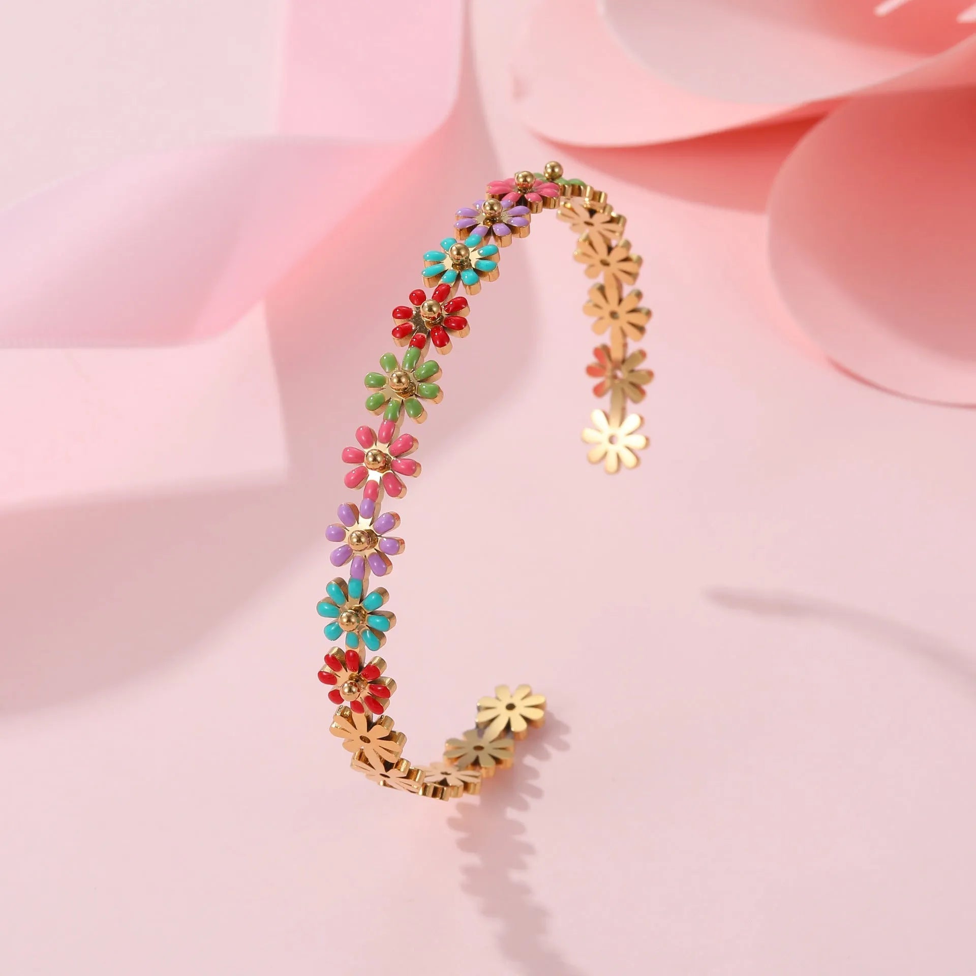 Women's stainless steel bracelet with oil dripping colour floral geometric design electroplated finish