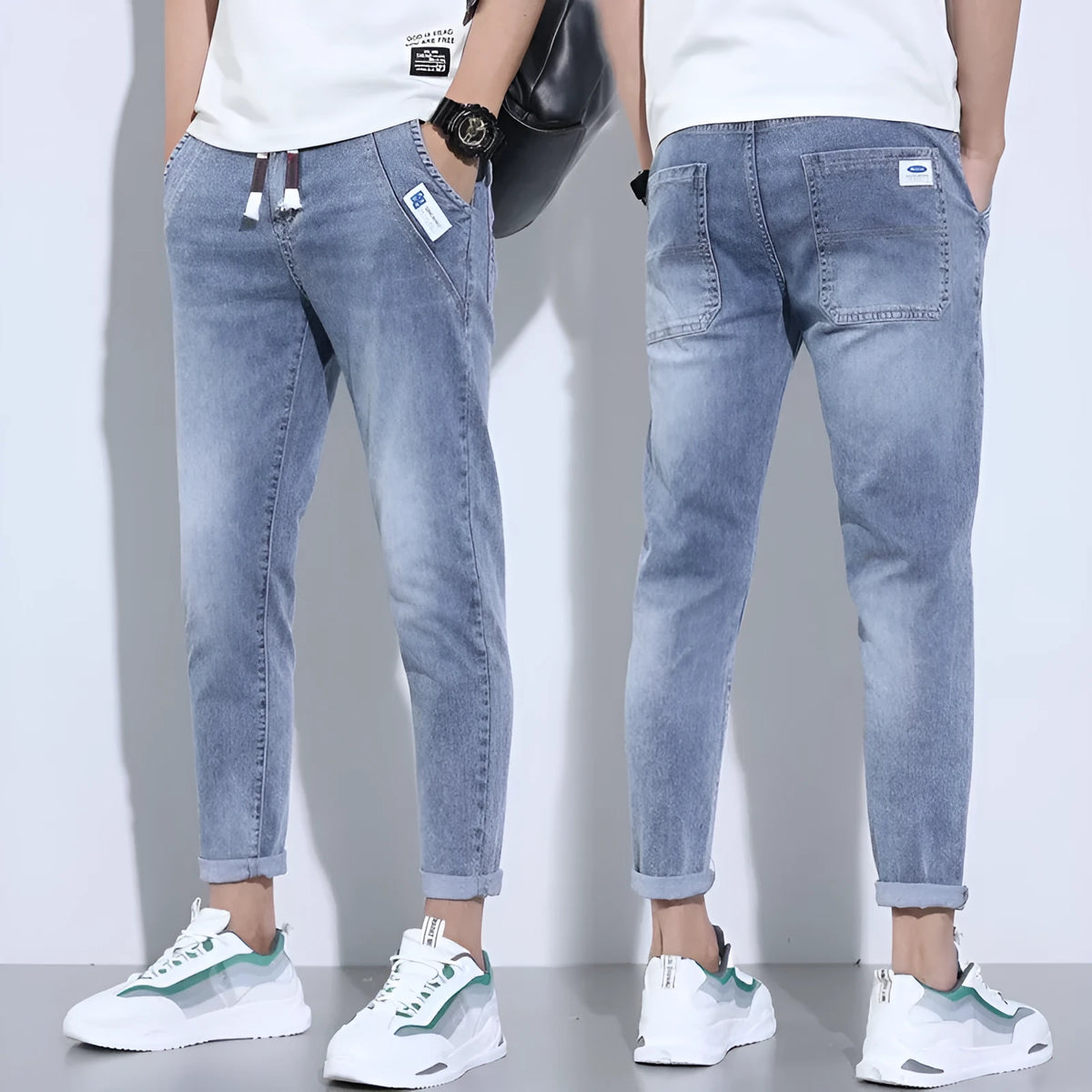 Men's denim stretch casual trousers in dark blue, cropped length, horn leg opening, size 5XL