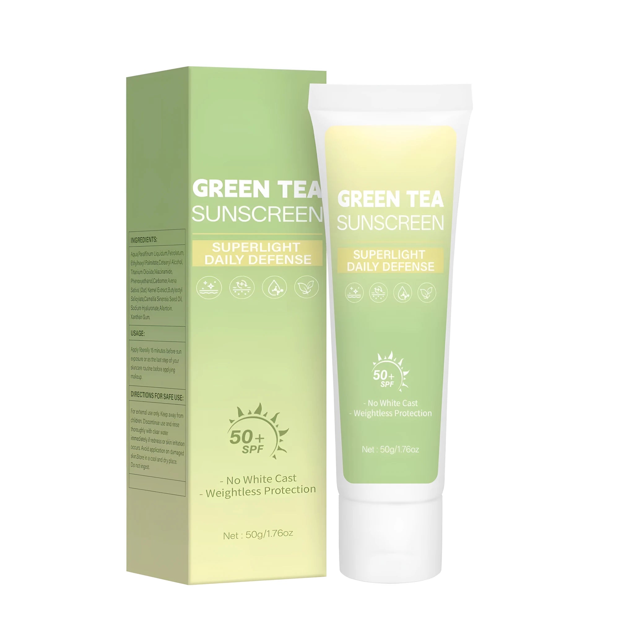 Green tea sunscreen cream tube with SPF50+ PA++++ rating showing 30ml volume
