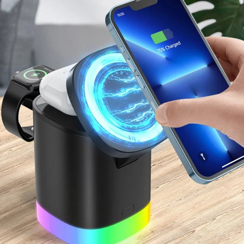 Black foldable 3-in-1 magnetic wireless charging station for iPhone, Apple Watch, and AirPods.